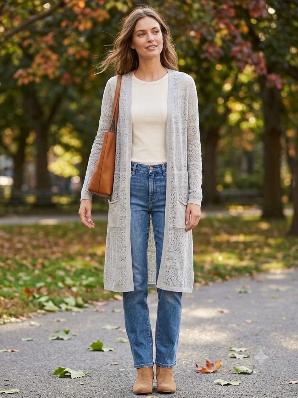 😍🍂🍁Belldini Light Gray Long Open-Front Knit Cardigan Size S
